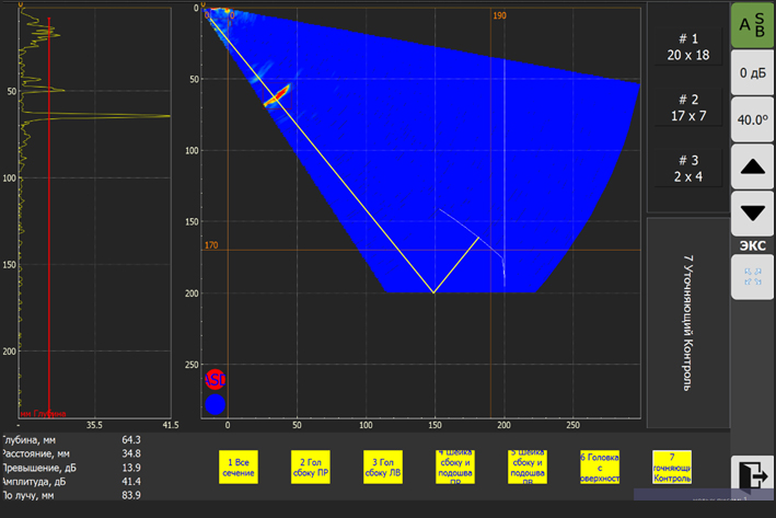 B-scan of rail profile with defect echo signals